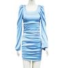 Sommer Solide Schlank Raffen Kurze Frauen Mode Puff Ärmeln Quadrat Kragen Damen Sexy Mini Kleid