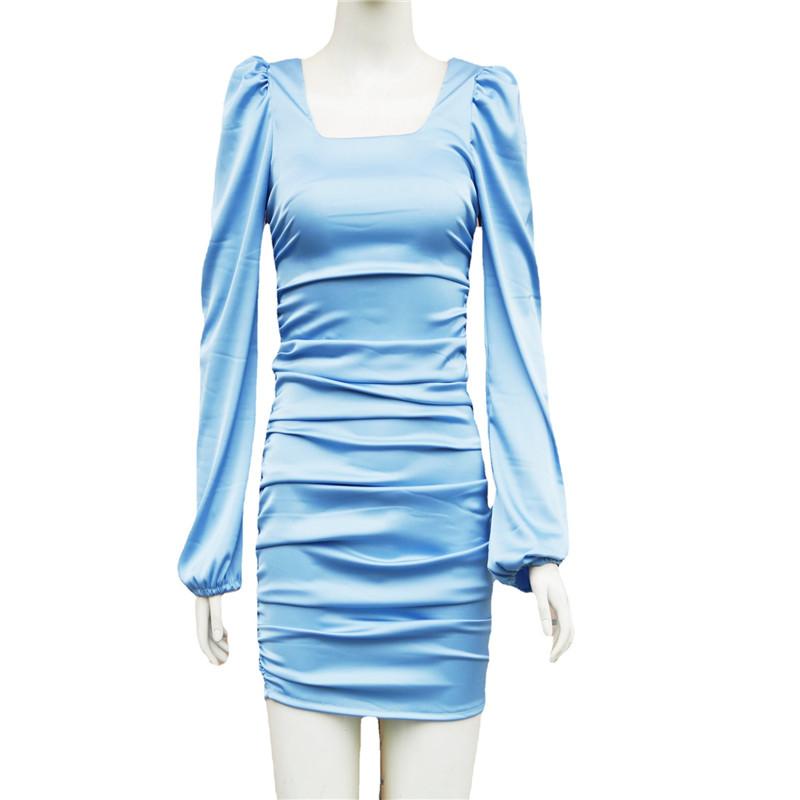 Letní Jednobarevné Slim Shirring Krátké Dámské Módní Nabírané rukávy Čtvercový límec Dámské Sexy minišaty