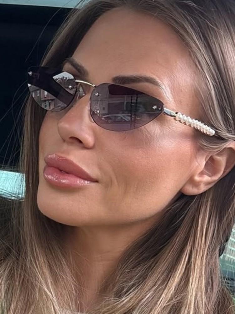Luxury Designer Style Style Rimless Pearl Sun Glasses Glasses Ladies Fashionable Cat Eye Durable Metal Metal Frameless Sunglasses Latest Arrival