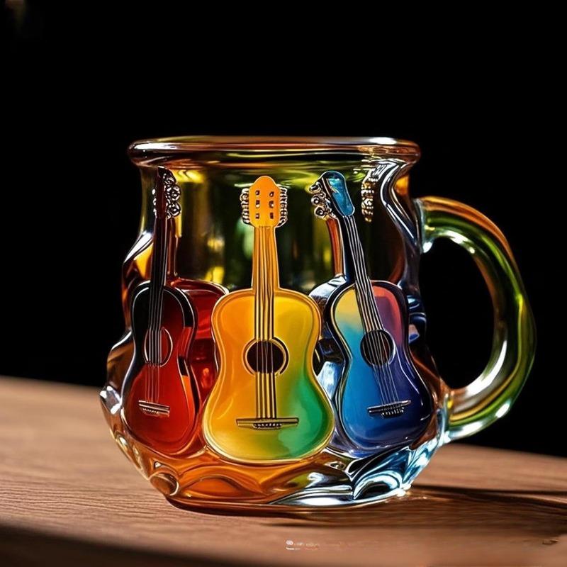 Guitar Shaped Coffee Mug Unique Ceramic Music Cup Artistic Decorative Cup with Handle Creative Gift for Musicians Guitar Lovers