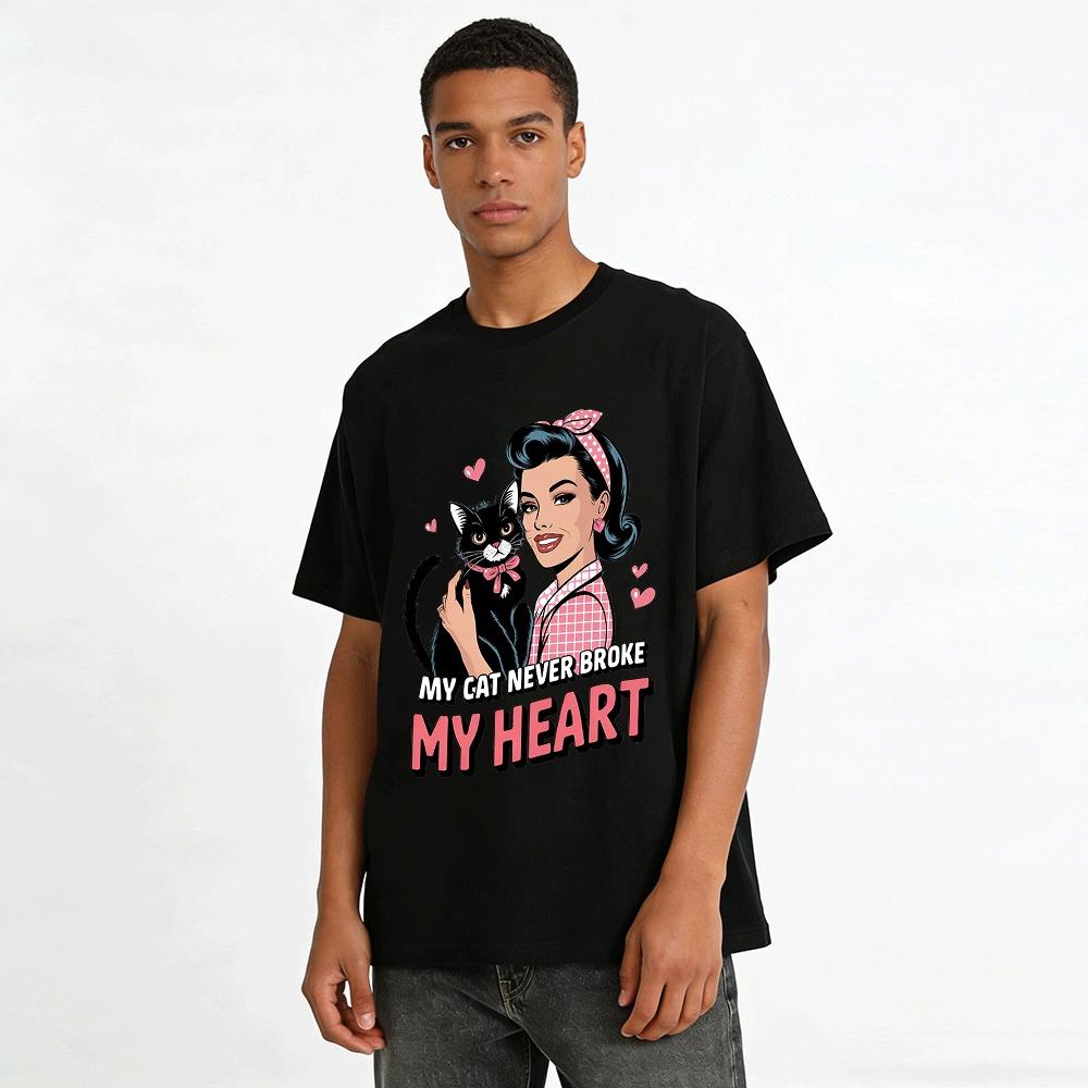 Retro Style Cat Lover Heart Print Top My Cat Never Broke My Heart Pure Cotton T-shirt