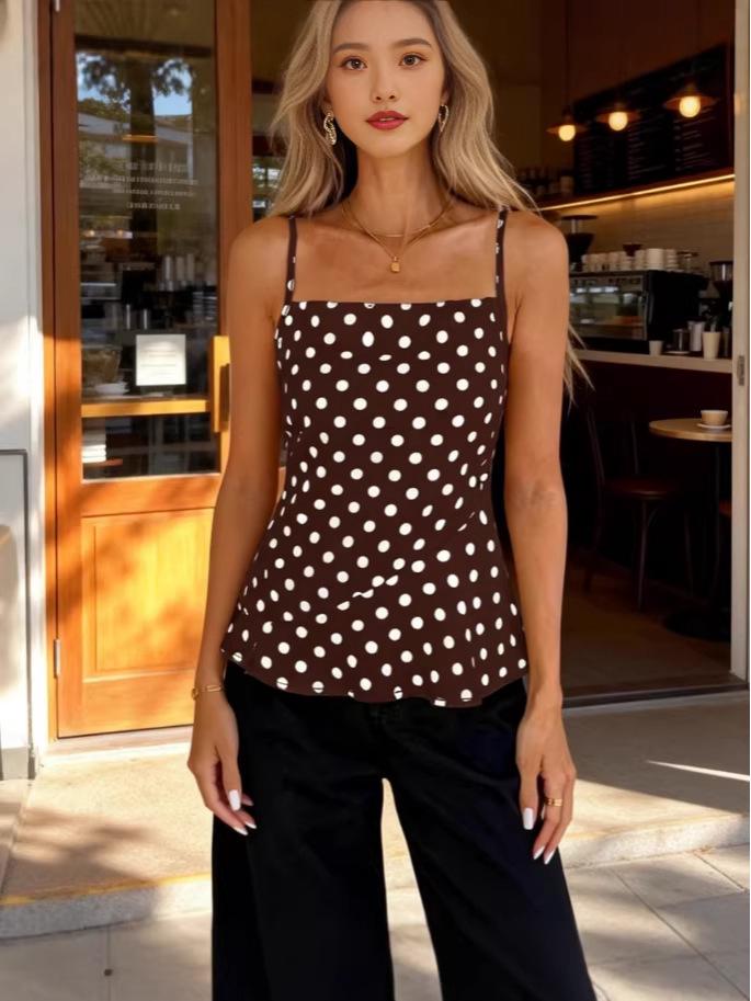 Women's European & American Style Polka Dot Spicy Girl Camisole with Tummy Covering and Butterfly Knot Back