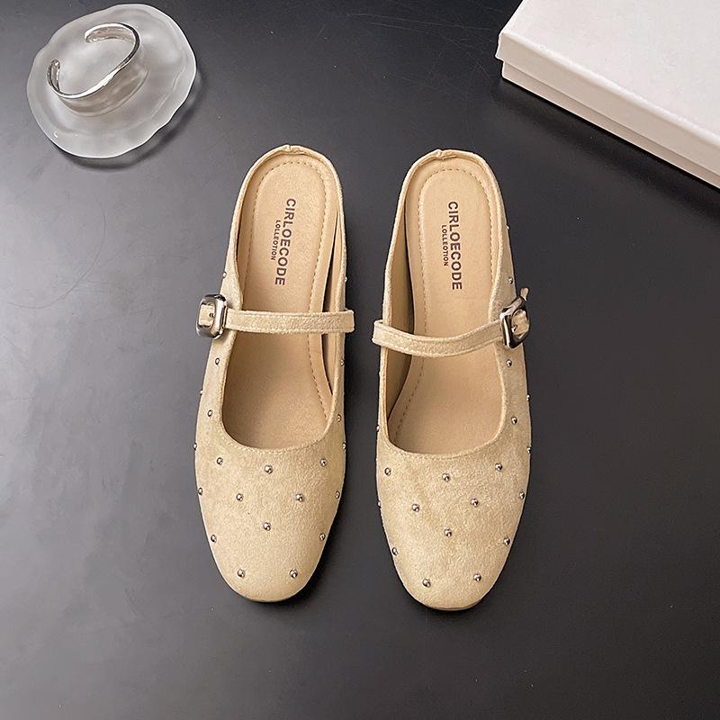French Retro One-word Buckle Mary Jane Women's Shoes 2025 Summer New Casual Round Head Shallow Mouth Bag Head Half Slippers Women
