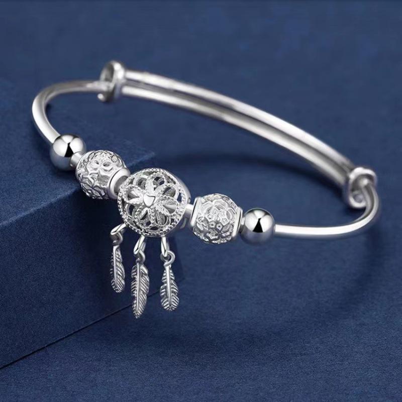 Women s Retro Hollow Dreamcatcher Feather Bead Adjustable Bracelet