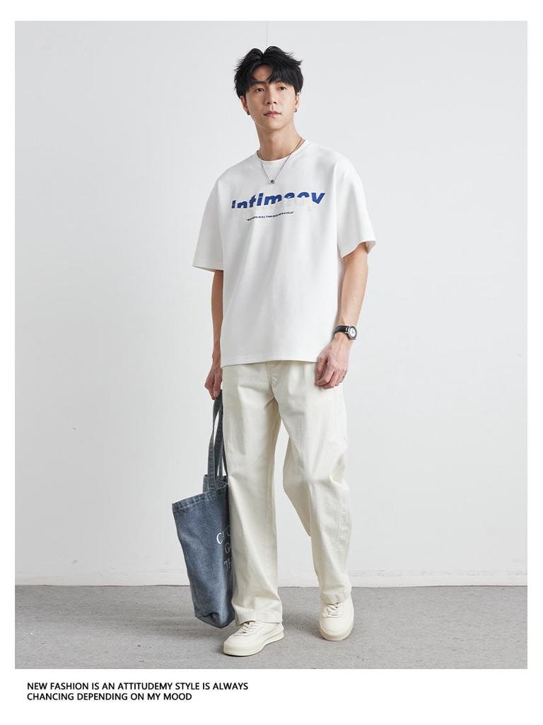 Yizhi Men's Summer 2025 European & American Heavyweight Letter Print Short-Sleeved T-Shirt