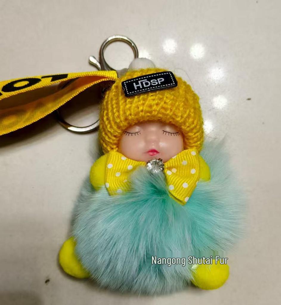 Genuine Fox Fur Sleep Doll Keychain Plush Pom-Pom Accessory