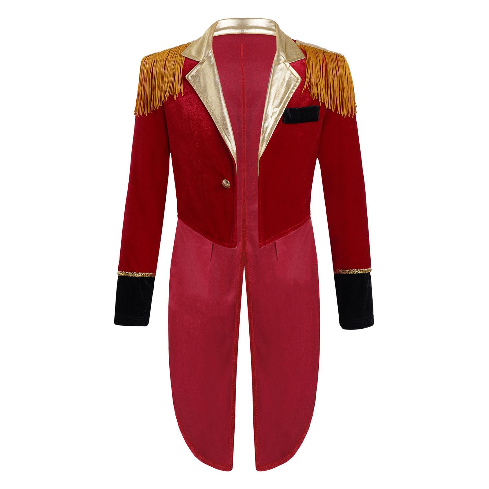 

Boys Circus Performance Costume Long Sleeve Tassel Adorned Dip Hem Coat Stage Show Jacket 11-12 Years червоний