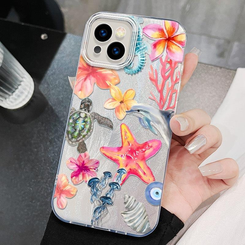 Funda de Teléfono Delfín Tortuga para iPhone 16 Promax 15Plus 14 13 12 Pro Max 11 X XR XS MAX 7 8 Plus SE2 Cubierta de Pluma