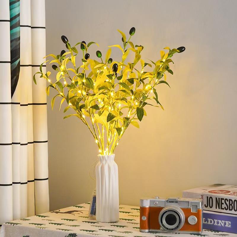 LED Olivenzweig Lichterkette - Dekorativer Blumiger Plastik Zweig für Zuhause, Weihnachten, Halloween, Kaffeehaus-Vase & Tischdekoration
