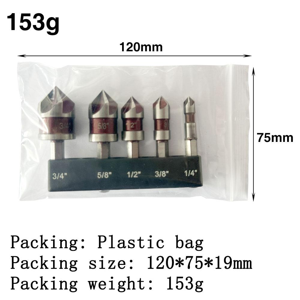 

5PC Hexagonal Shank British Five Edge Red Chamferer 1/4-3/4 Countersink Drill Deburring and Hole Opening Tool