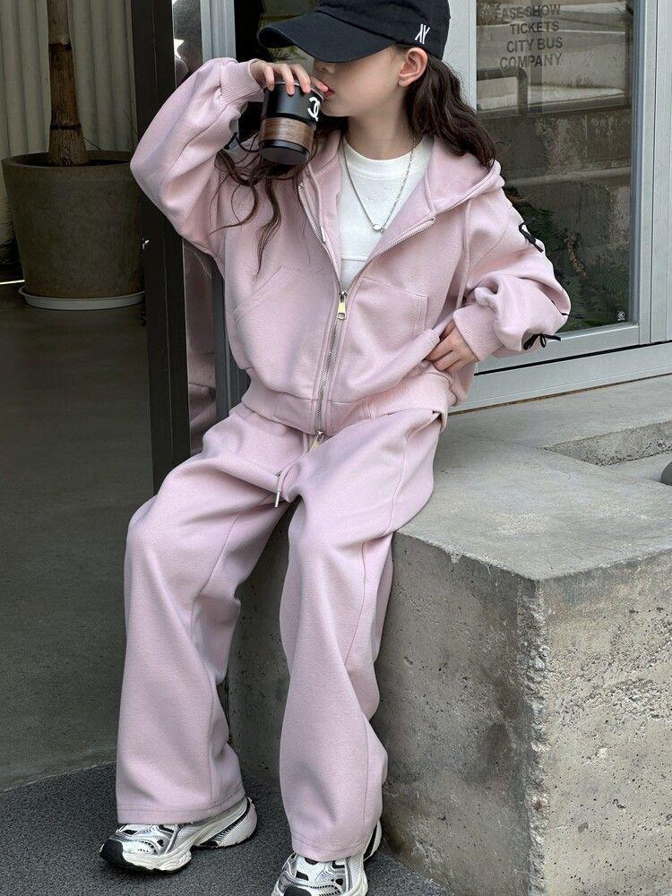 Trendiges koreanisches Schleifenset: Kapuzenjacke & Freizeithose für große Mädchen