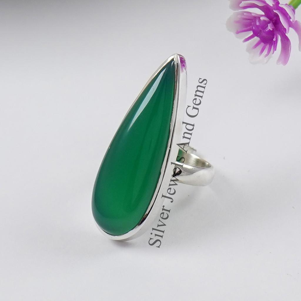 Teardrop Green Onyx Ring, 925 Sterling Silver, December Birthstone