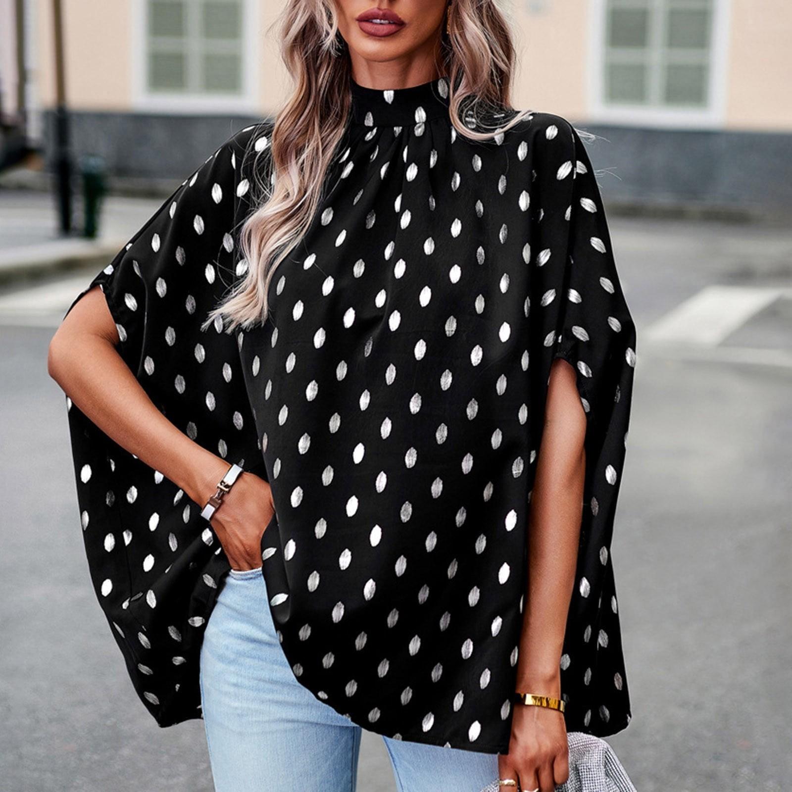 

Женский свободный топ с рукавами в горошек, повседневный пуловер со стоячим воротником, плиссированная рубашка M чёрный