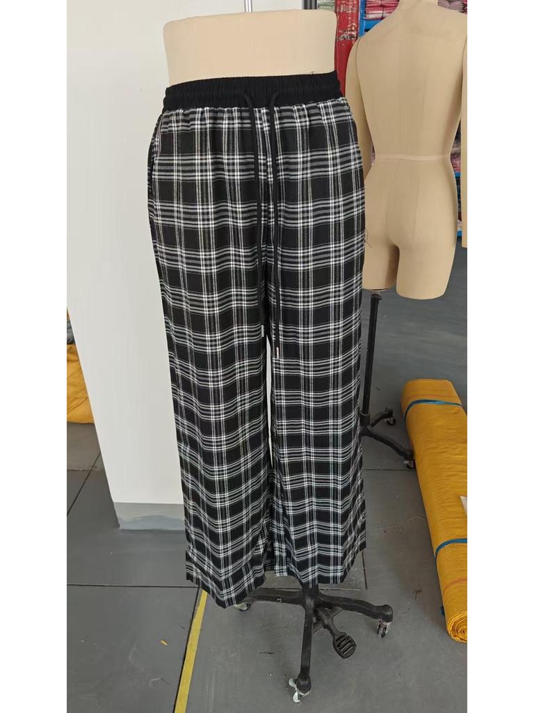 Plaid Patchwork High Waist Casual Sports Pants - Loose Lazy Style Straight Leg