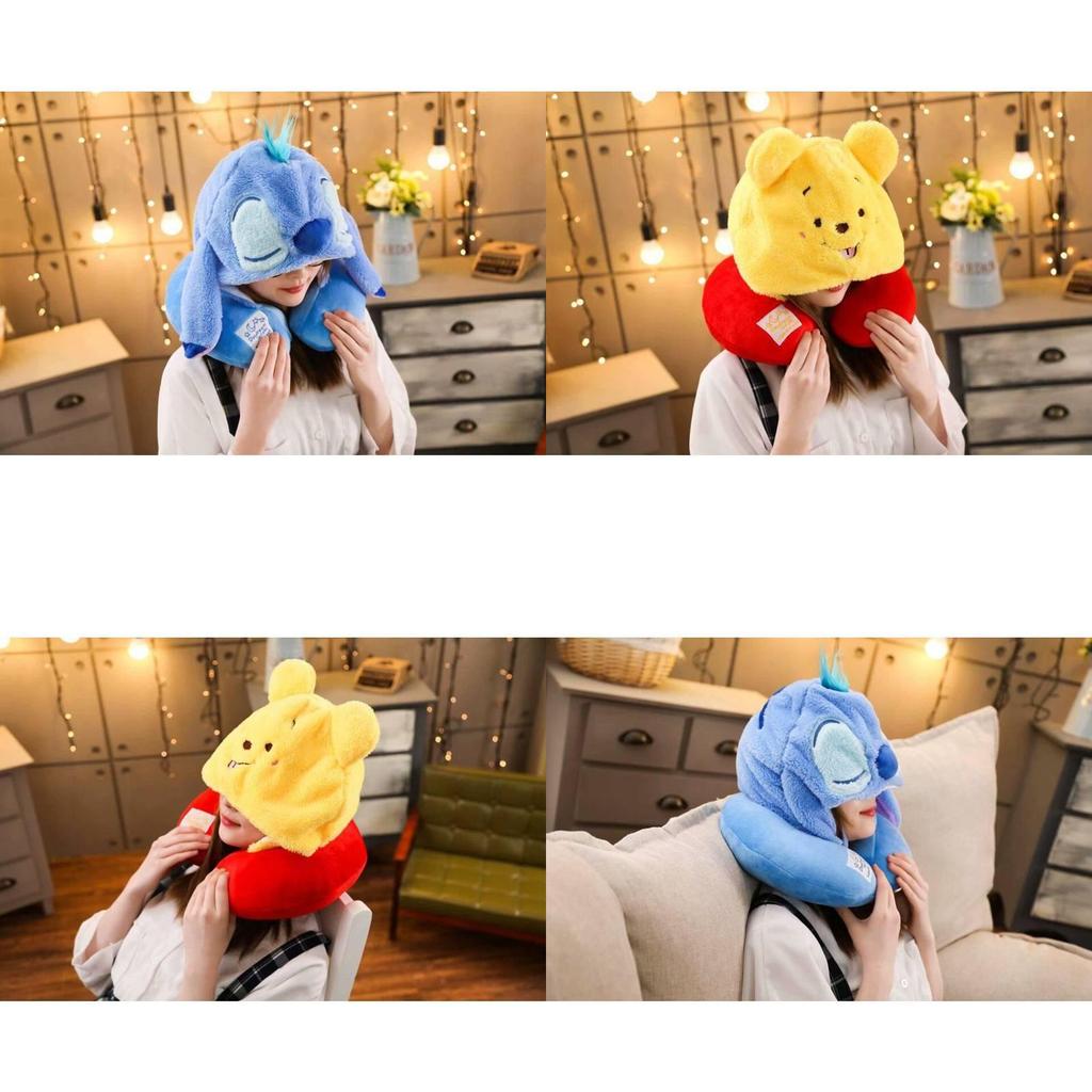 Soft Polyester Fiber Car Neck Pillow Travel Hooded Neck Cushion Cute U-shaped Plush Toy For Adults Yellow Winnie The Pooh Blue Stitch