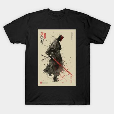 T-shirt noir imprimé pour homme, motif Darth Maul vintage Sumi-E, impression par transfert sans découpe, en coton.
