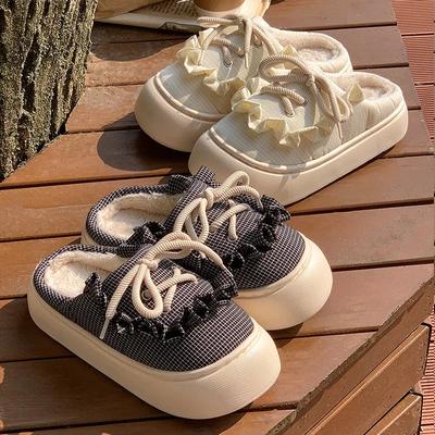 Women Cute Bowtie Mary Jane Cotton Slippers Winter Soft Thick Bottom Outdoor Slippers Woman Non-Slip Flat Heels House Shoes