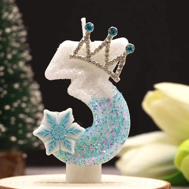 0-9 Birthday Digital Number Candle Cake Snow Crown Cake Topper Baby Shower Decor Birthday Party Supply Blue Crown