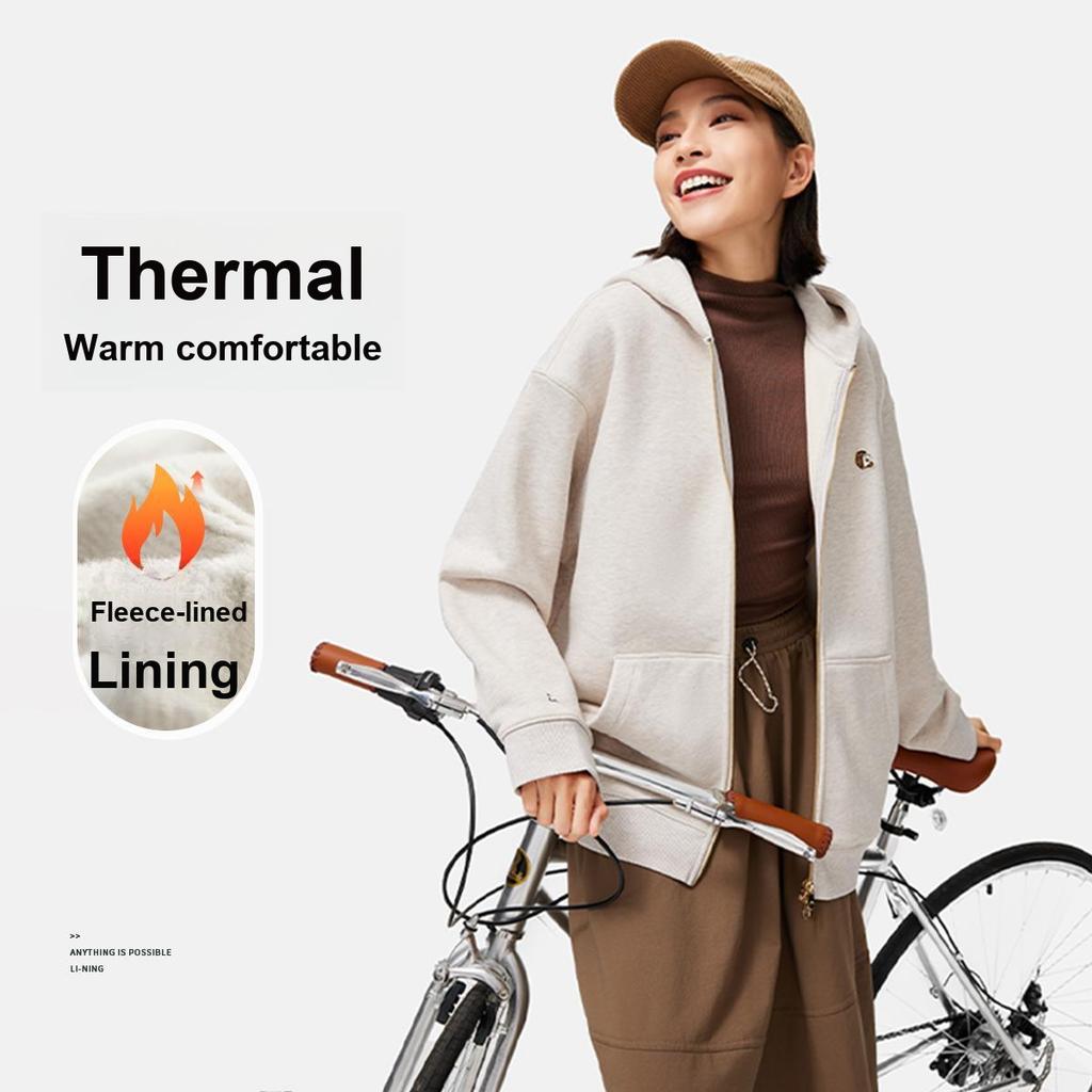 Li Ning Sports Fashion Series Solid Color Zipper Hooded Comfortable Breathable Fleece Warm Cardigan Sweatshirt Women Sweatshirt AWDUB66-2