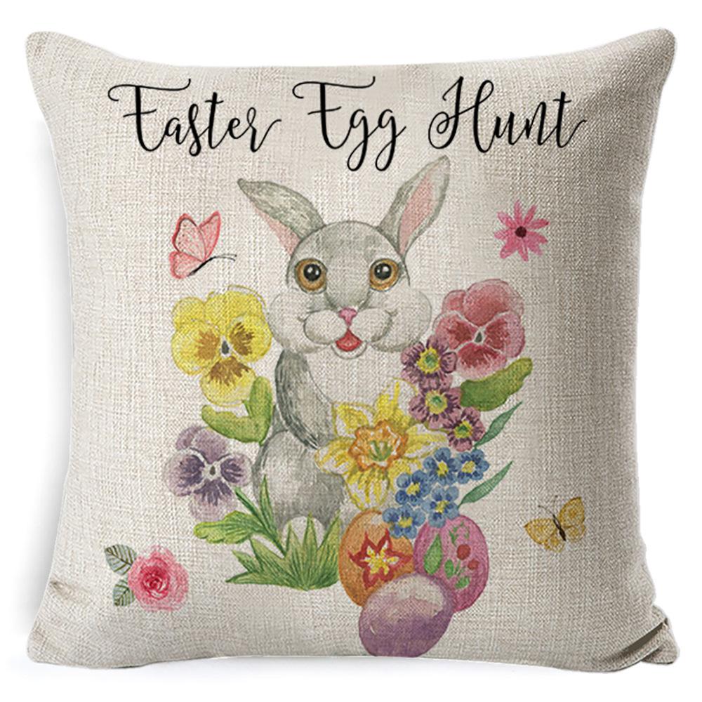 Cartoon Easter Pillow Cover Linen Watercolor Bunny Egg Home Sofa Cushion Cover