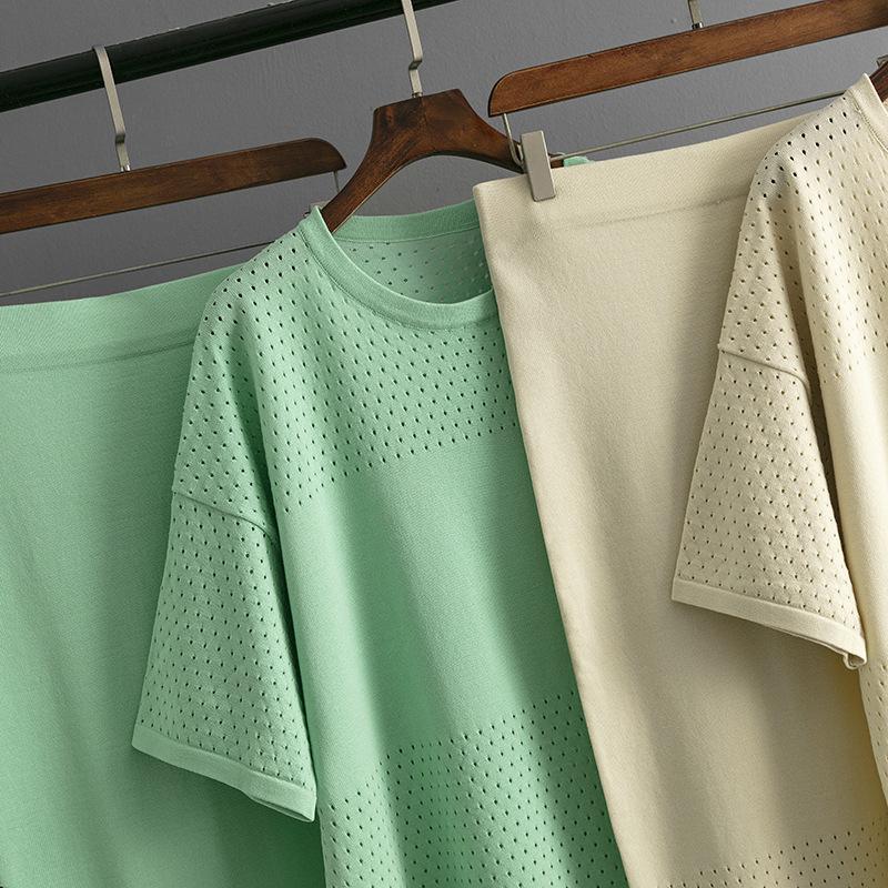 GMXIA Summer Hollowed-out Short-sleeved Knitted Top and Skirt Two-piece Women's Solid-color Casual Suit