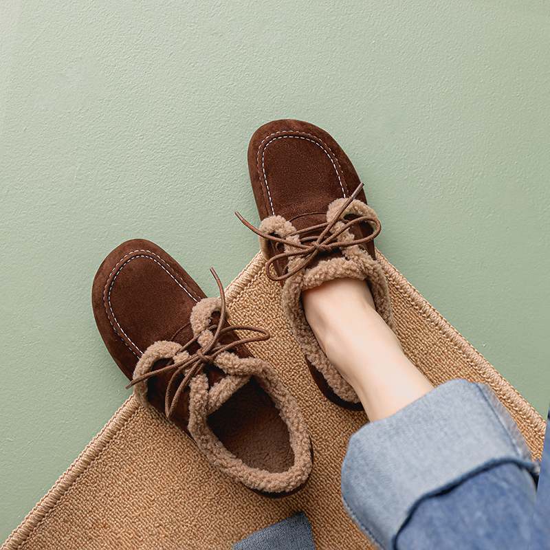 Krazing Pot Suede Fur Spring Autumn Winter Flats Lace Up Women Keep Warm Casual Shoes