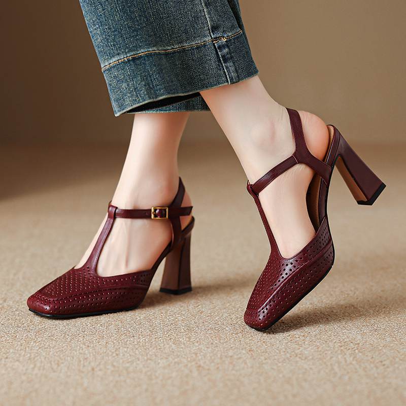 Krazing Pot Sheepskin Square Toe Size 41 High Heels Hollow Out Decoration Super High Heels Breathable Autumn Pumps