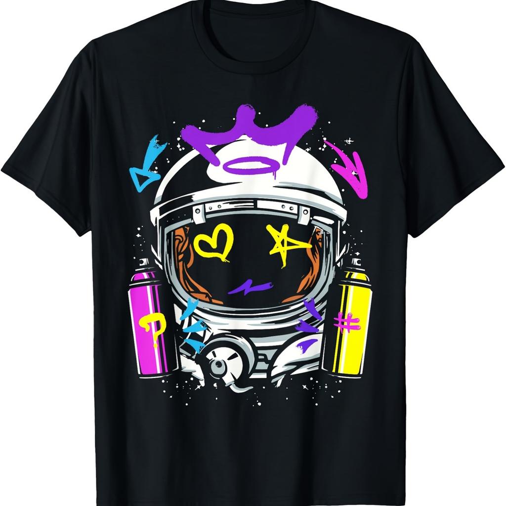 220g Cotton Printed Short-sleeved T-shirt With Round Neck Men'S Black T-shirtGraffiti Astronaut Spray Paint Street Art Drawing Artist