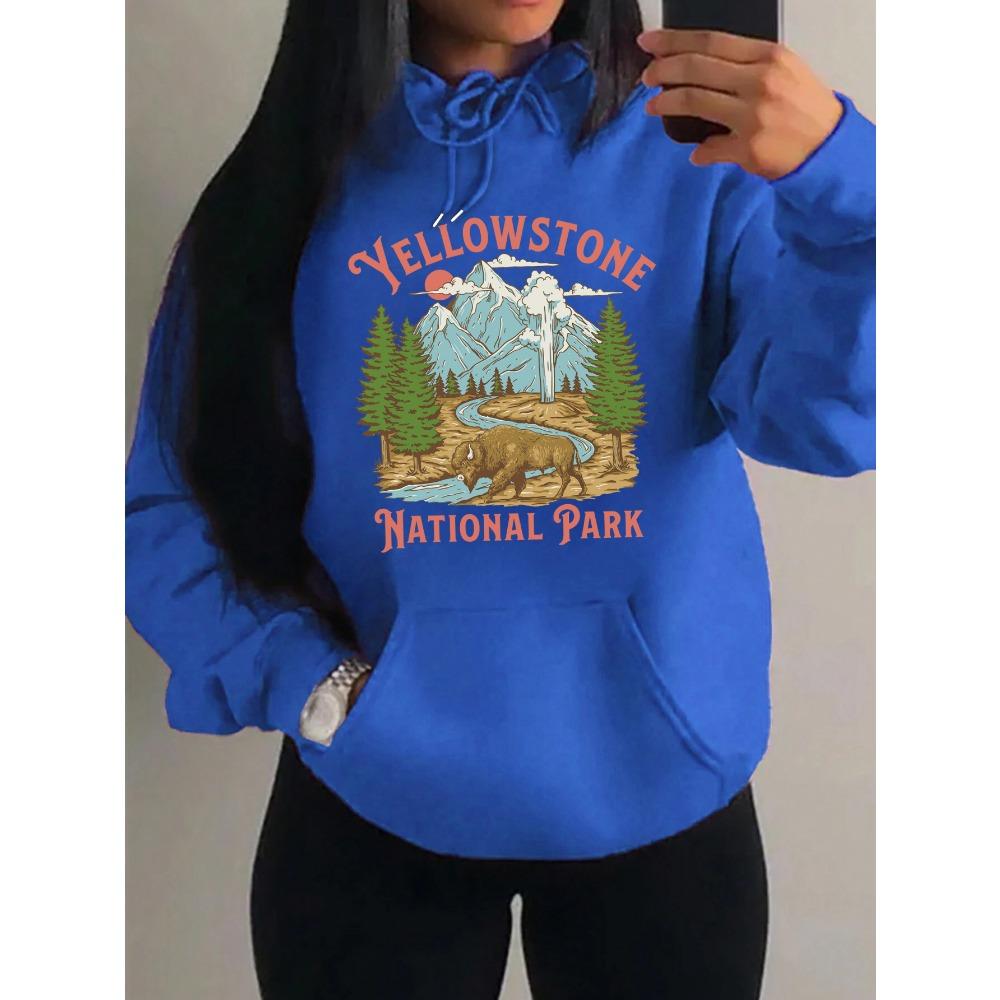 Yellow Stone National Park Printing  Hoodies Women Fleece All-Match Streetwear Y2K Pocket Hoody Autumn Casual Woman Clothing