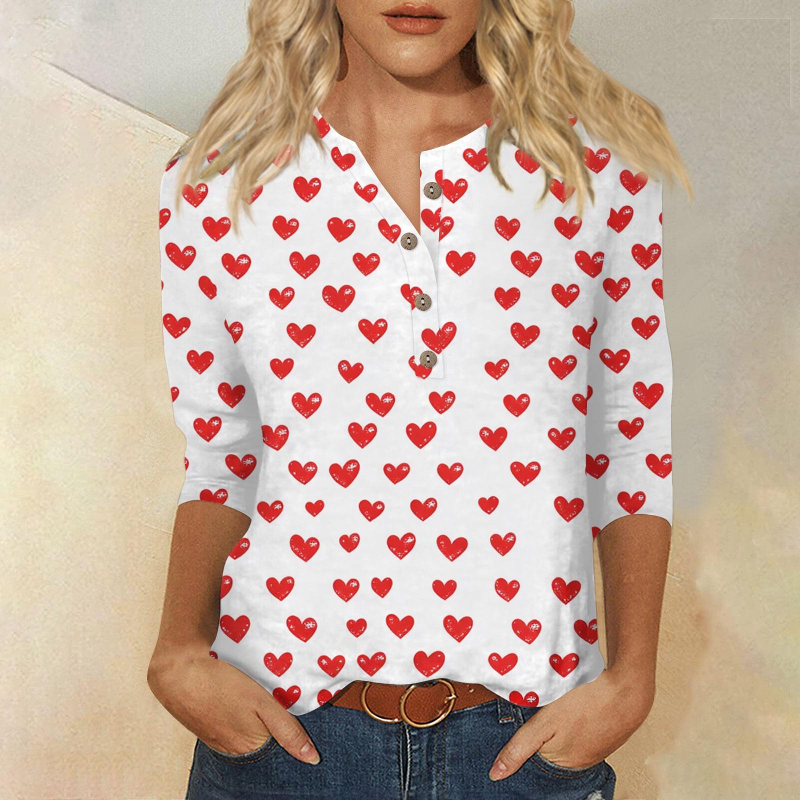 

Женская мода повседневная блузка с пуговицами и рукавом 3/4 с принтом ко Дню святого Валентина XL арбуз красный