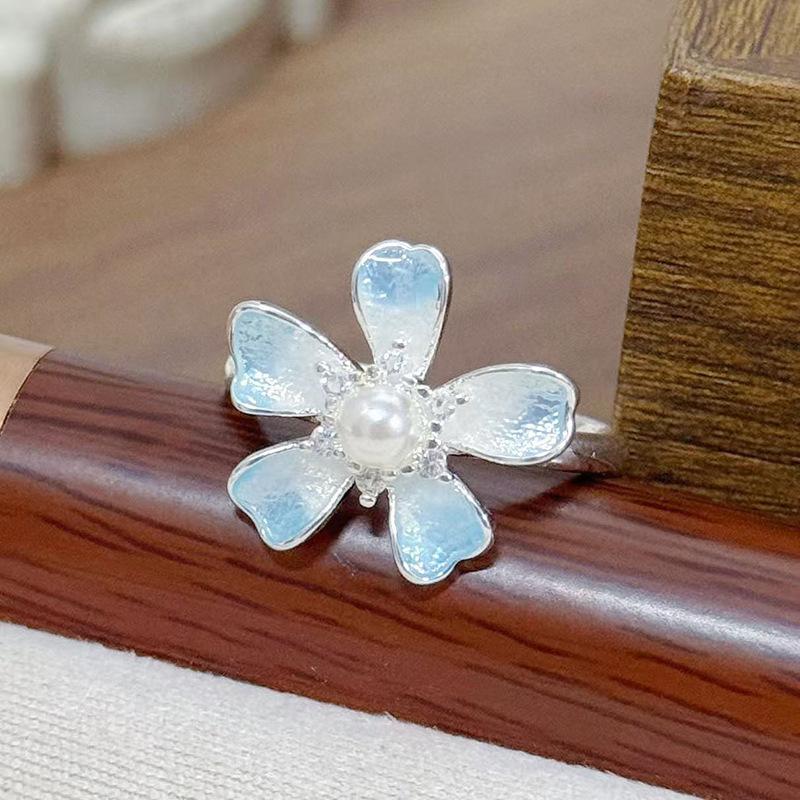 Small Fresh Enamel Ice Blue Flower Opening Ring Super Fairy Diamond Stacked Wearing Personality Sweet Super Fairy Ring Woman