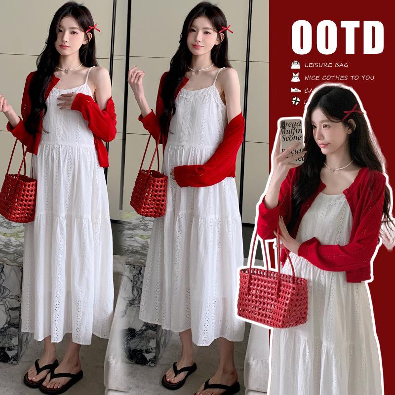 2026 Summer Maternity Two-Piece Set: Fresh Sun Protection Shirt & Sweet Hollow Camisole Dress Medium