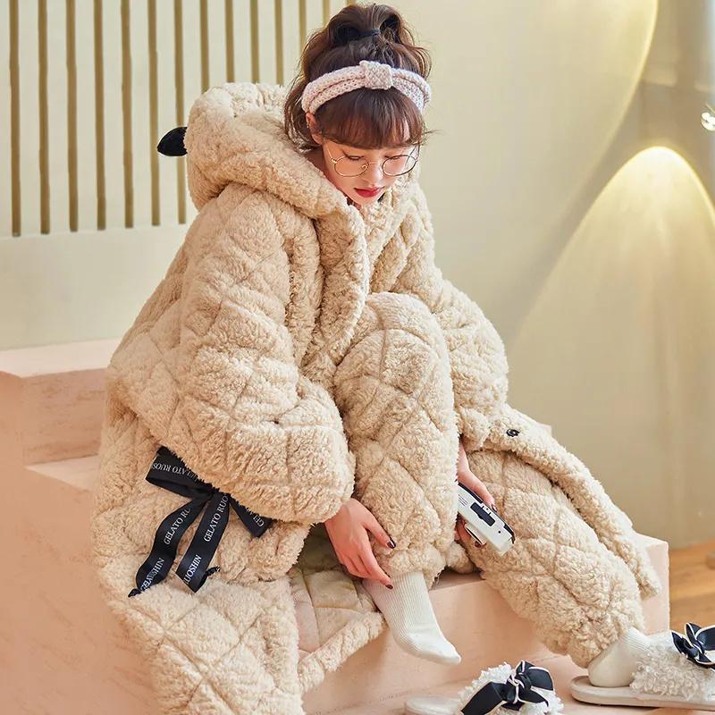 

Зимняя трехслойная хлопковая пижама для женщин, коралловый бархат, теплая фланелевая пижама, домашний комплект, можно носить на улице XL