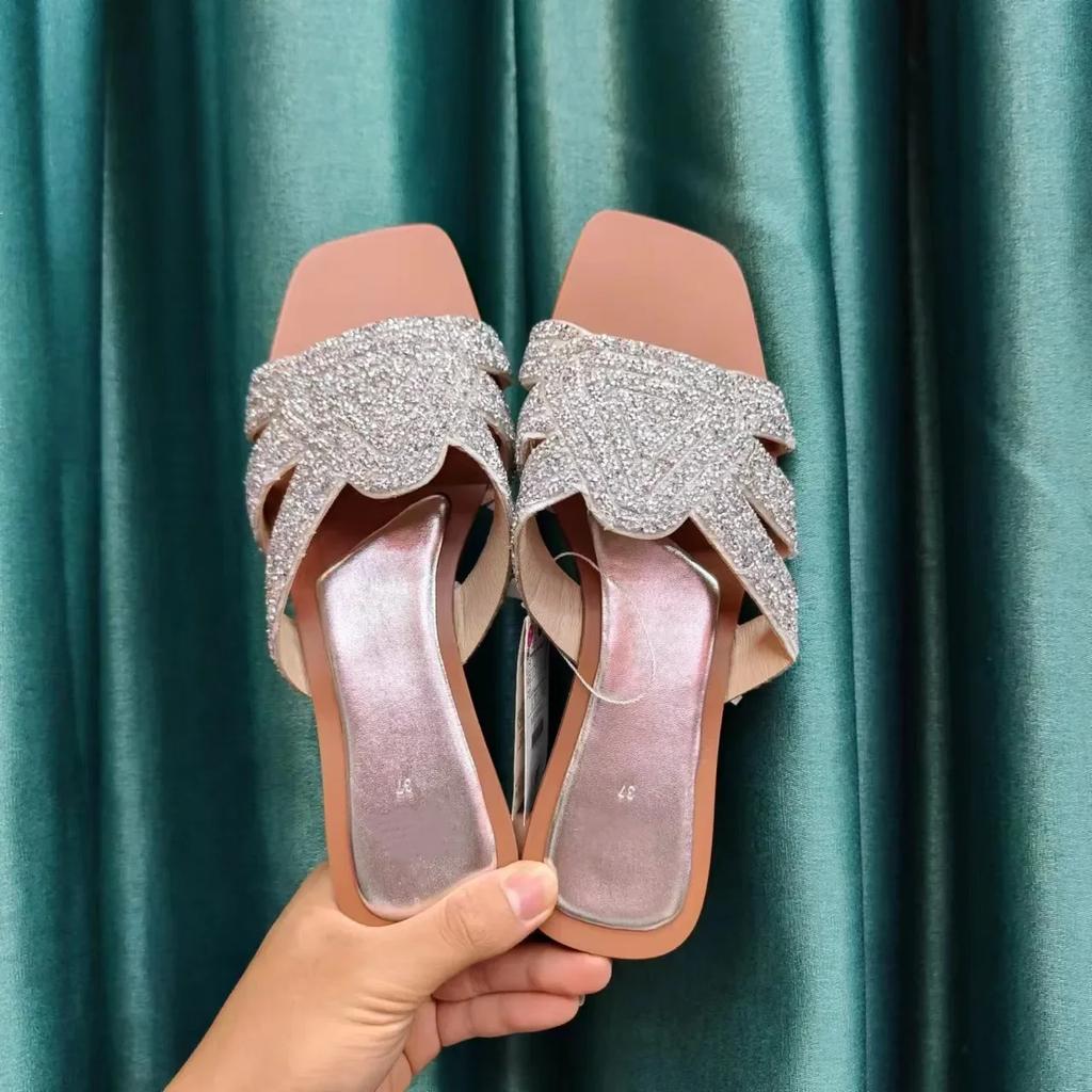 Fashion Women Flat Slippers Luxury Shiny Rhinestones Roman Outdoor Beach Slides 2025 Summer Daily Breathable Hollow Gold Female Shoes