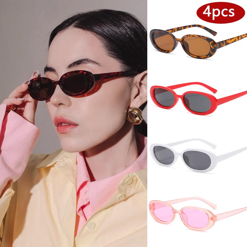 

4pcs Retro Cat Eye Sunglasses Small Oval Sun Glasses Women Vintage Ladies Personalized Colorful Design Eyeglasses UV400
