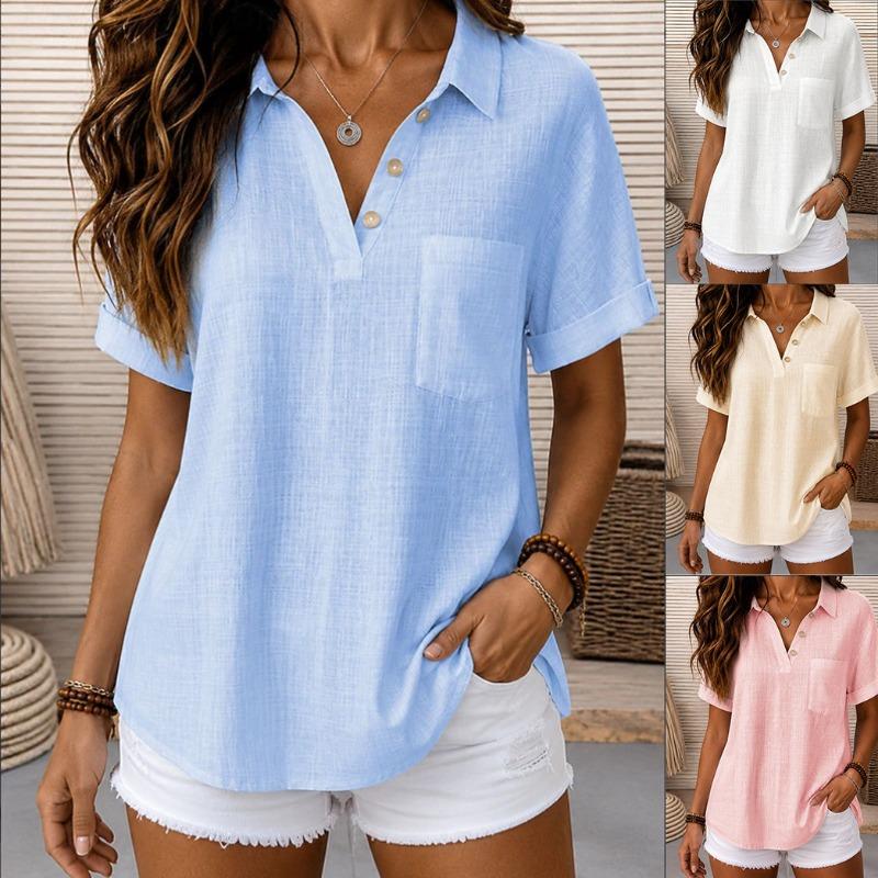 Solid Color Fashion Casual Lapel Short Sleeve Shirt For Women
