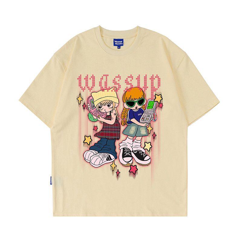 Wassup Heods Music Girl Trendy Brand Heavyweight Short-Sleeve T-Shirt for Men, Summer Loose Round Neck National Trend Couple T-Shirt