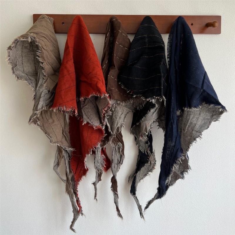 Johnature Vintage Raw Edge Striped Triangle Scarf Women Fall Winter Fashion Warm Two-tone Neck Guard Decoration Head Scarf