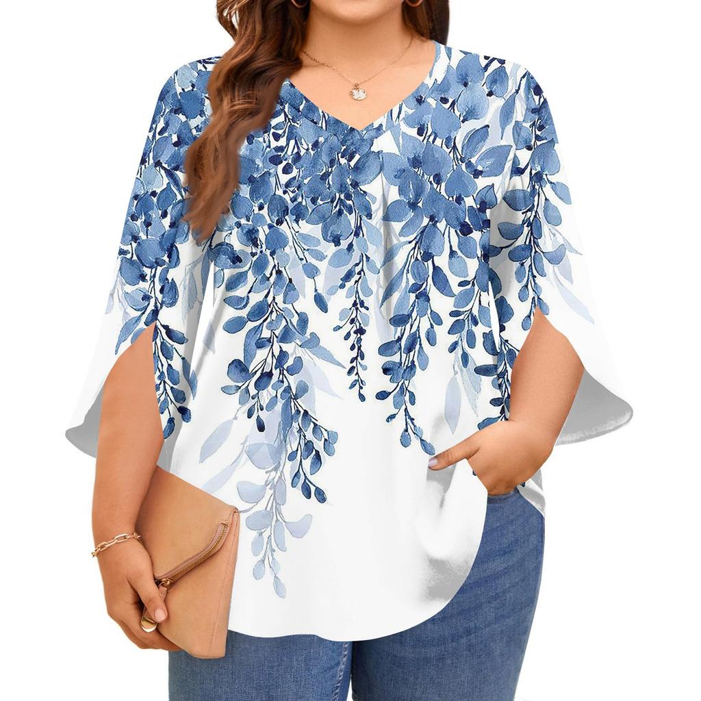 Bluze de damă imprimate cu gât în V, mărimi mari, mâneci 3/4, bluze elegante