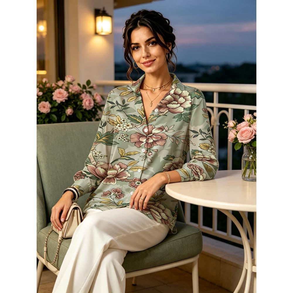 Women Lapel Long Sleeve Vintage Peony Floral Print Shirt, Thin Blouse for Leisure, Afternoon Tea, Vacation & Daily Wear