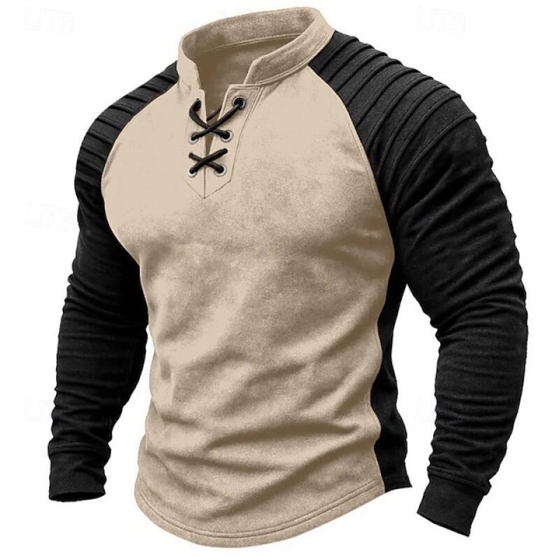 Mens Cowboy Style T-Shirt Vintage Western Design Suede Color Block Lace Up Stand Collar Long Sleeve Tees