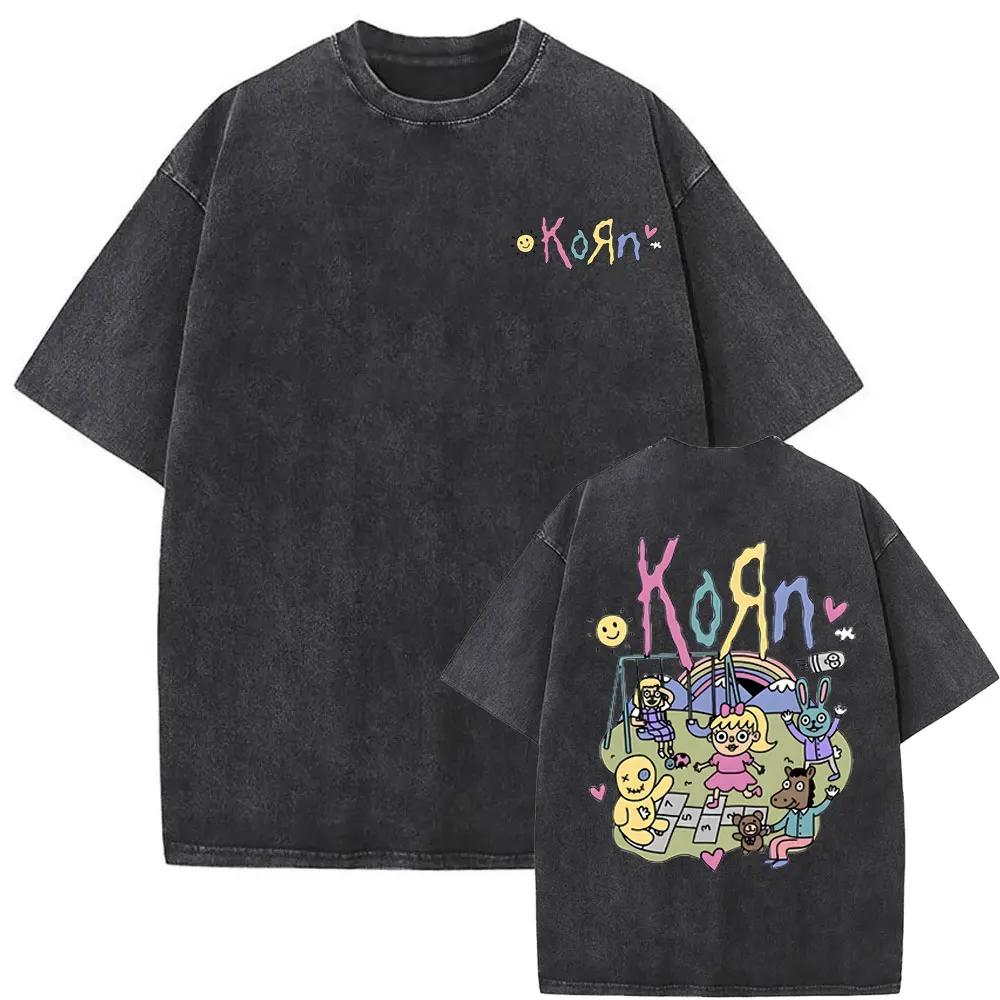 Washed Vintage Rock Band Korn Freak on A Leash Double Sided Print T Shirt Men Gothic Casual Oversized Tees Unisex Summer Tshirt