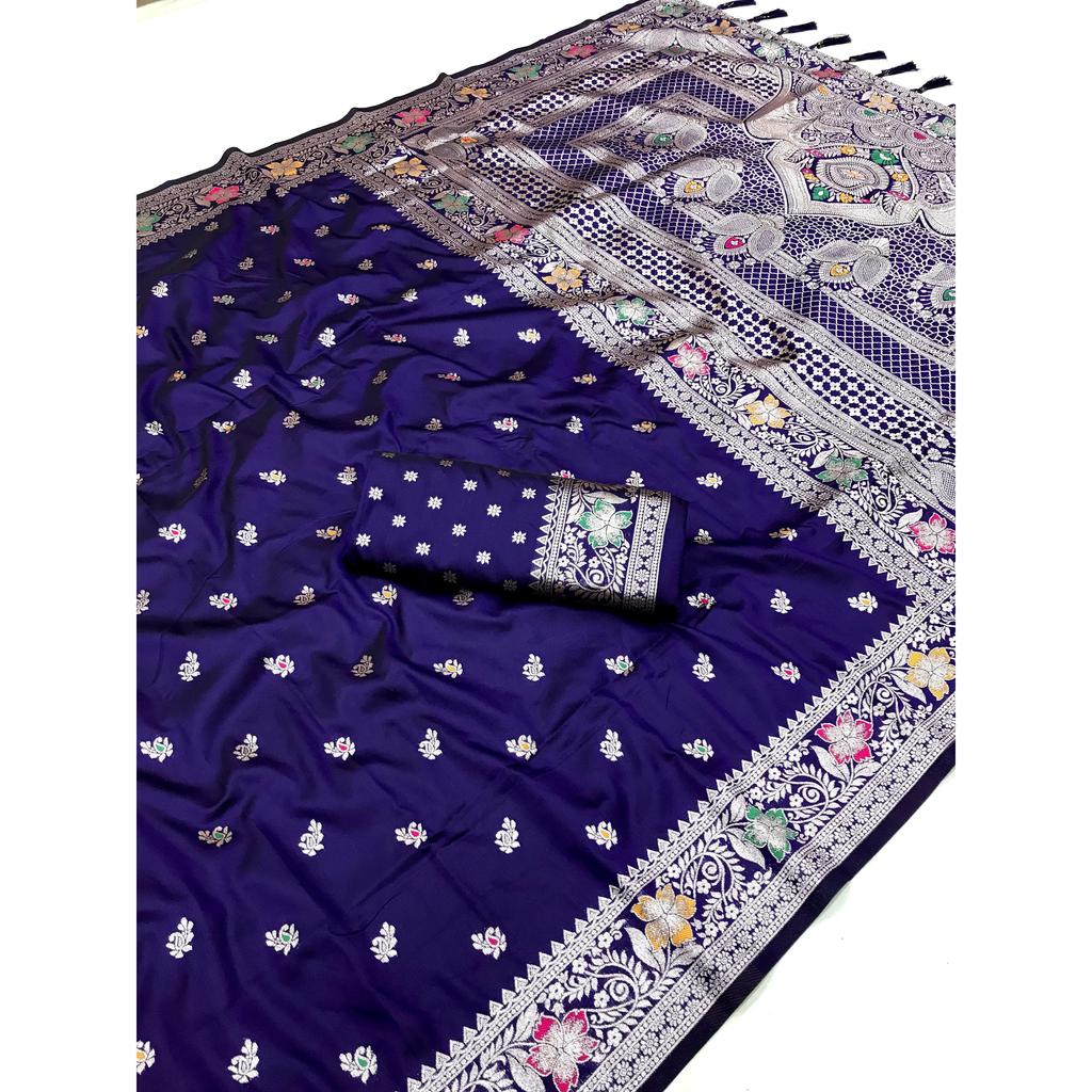 Soft Banarasi Silk Saree with Zari Weaving Meenakari Touchup Design All Over the Saree