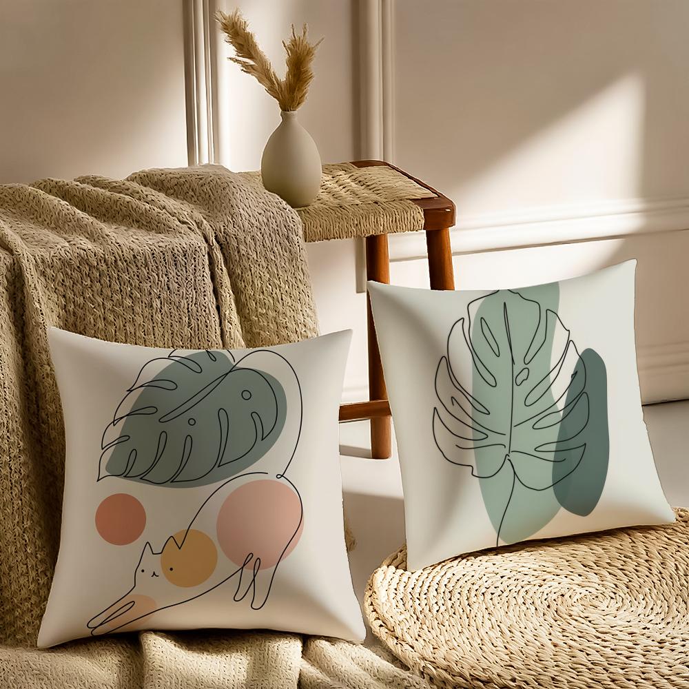 Minimal Casual Simple And Stylish Green Cat Cushion Cover Washable Linen Pillowcase Soft For Daily Sofa Bed Home Room Decor