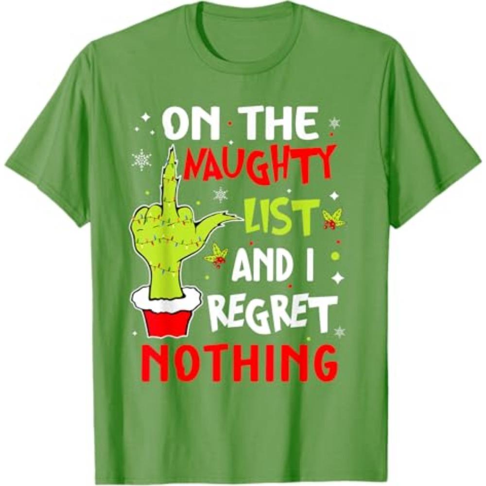 Funny On The List of Naughty and I Regret Nothing Christmas T-Shirt Humorous Santa Claus Xmas Costume Letters Printed Saying Tee