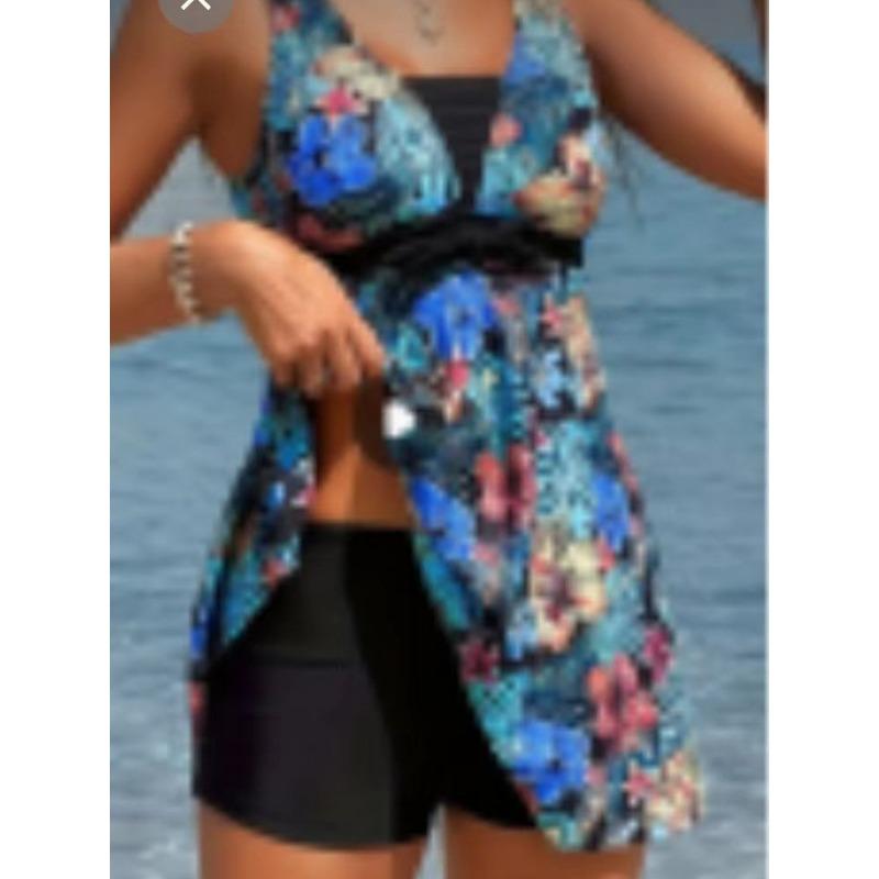 Tropical Leaf Print Tie Waist Swimdress - Modest Two Piece Swimsuit with Shorts