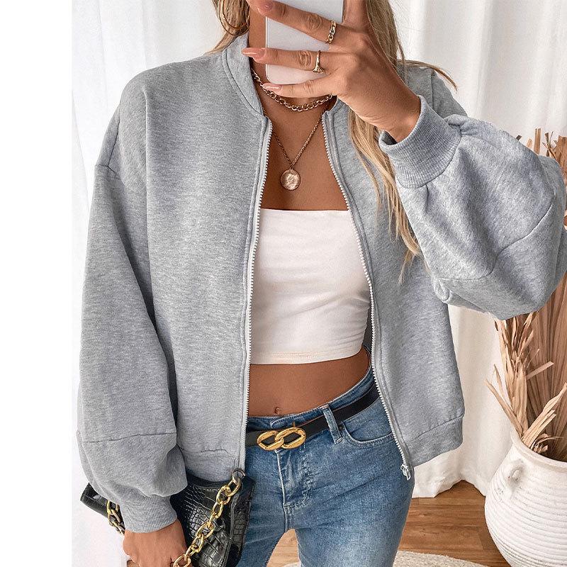 European and American Autumn/Winter Fleece-Lined Hooded Zip-Up Sweatshirt Jacket for Women