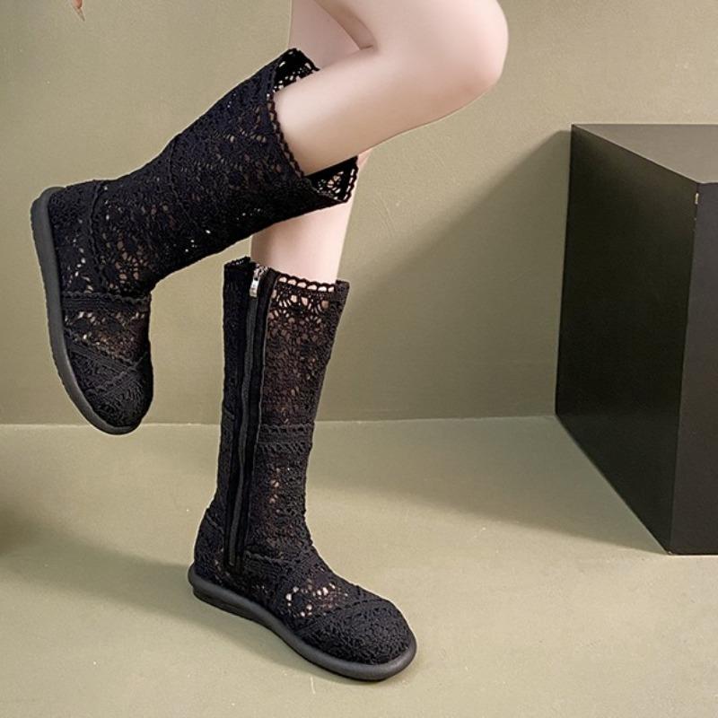 Mode Mode Mesh Hohe Kalte Stiefel Damen Sommer Runde Zehe Seitenreißverschluss Dünner Ausschnitt Baumwoll- und Hanfstil Niedrig Absatz Stiefel