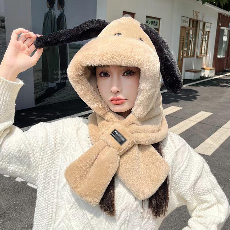 Cute cartoon Pacha plush puppy hooded scarf winter warm gloves hat ears scarf integrated three-piece set
