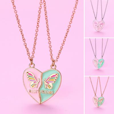 Women Necklace BEST FRIENDS Oil-dripping Butterflies Magnetic Double Chain Splicing Love Heart Kids